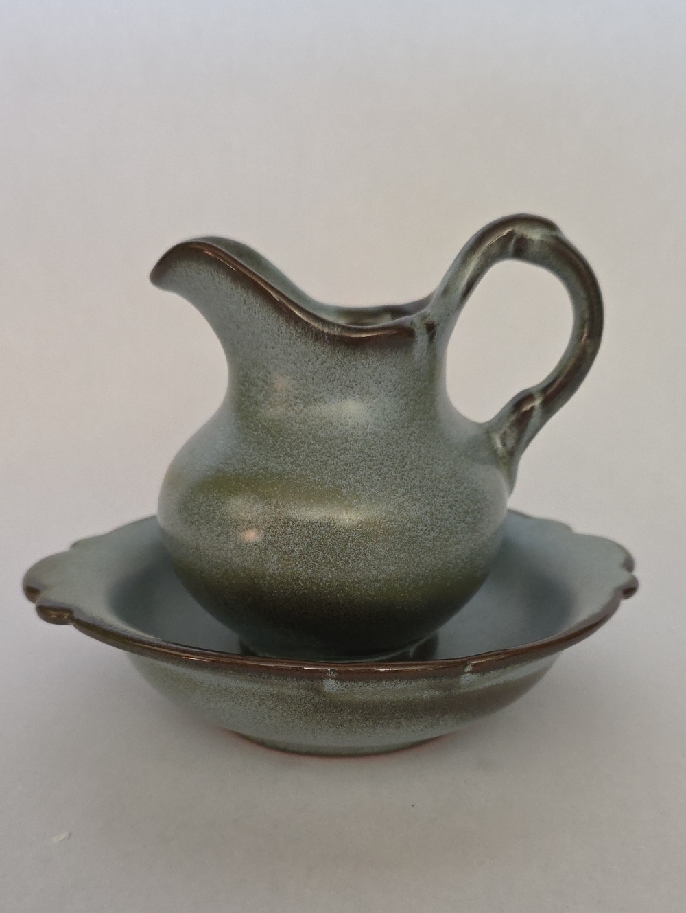 Vintage Frankoma Pottery 40A 40B Pitcher & Bowl Set - Prairie Blue Green